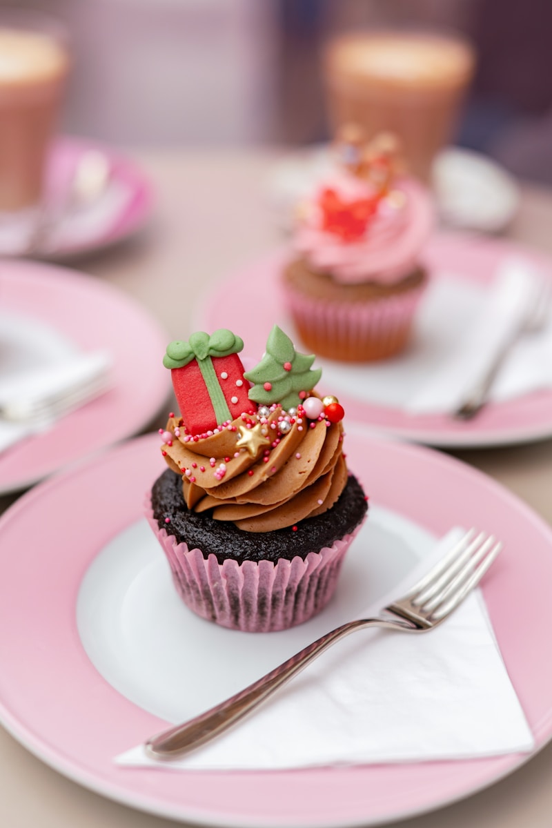 Festive chocolate cupcake with brown frosting and decorations